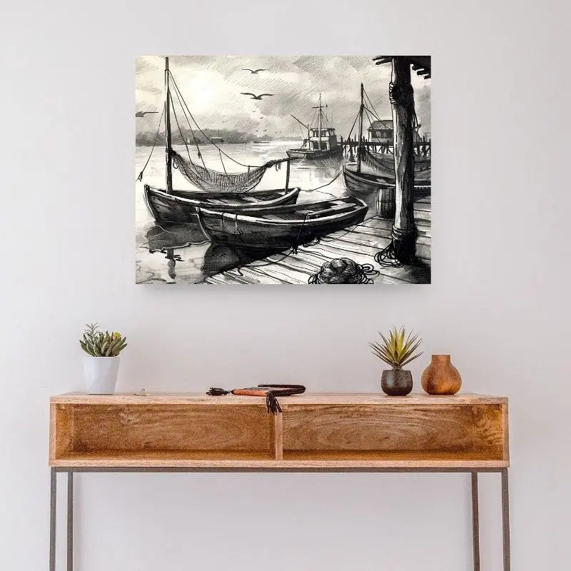 Dessin en noir et blanc de bateaux amarrés à un ponton, tableau au style nautique et apaisant pour décoration murale
