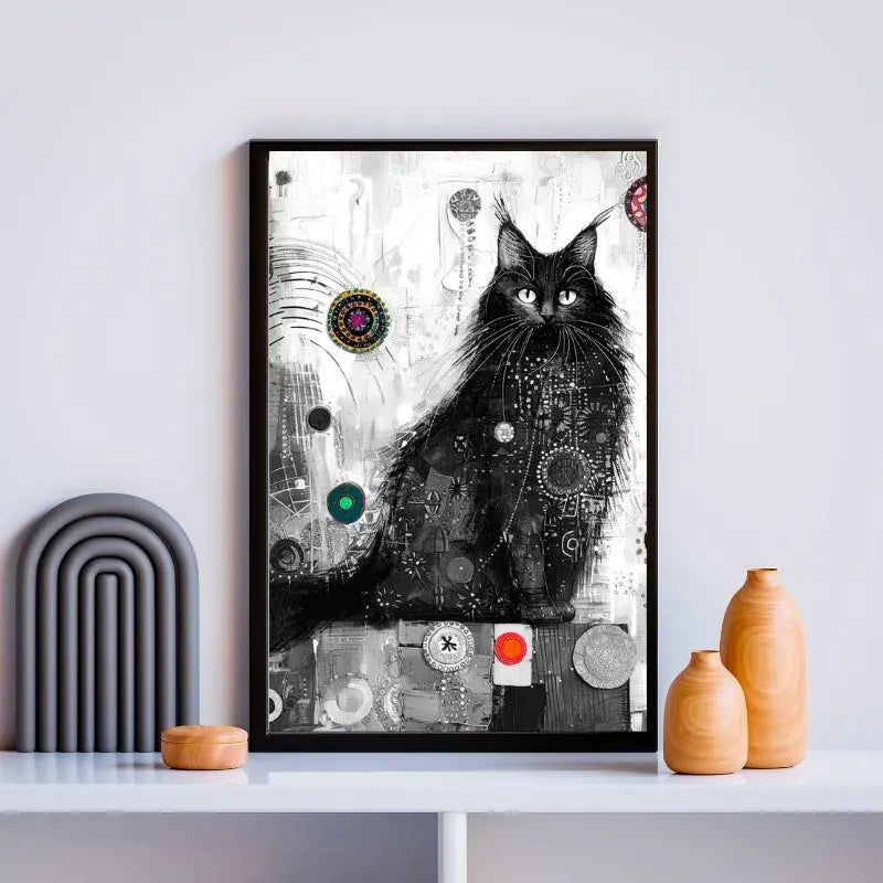 Dessin d’un chat noir avec des touches colorées, tableau original et ludique pour décoration murale moderne