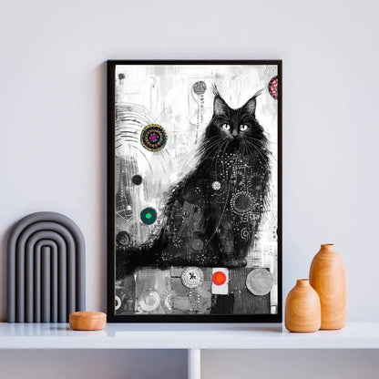 Dessin d’un chat noir avec des touches colorées, tableau original et ludique pour décoration murale moderne
