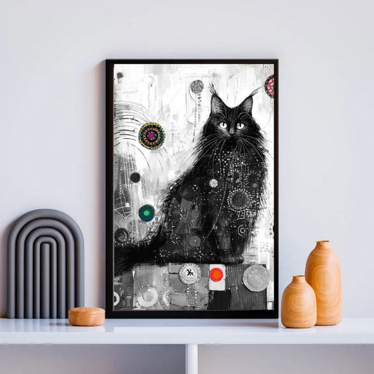 Dessin d’un chat noir avec des touches colorées, tableau original et ludique pour décoration murale moderne
