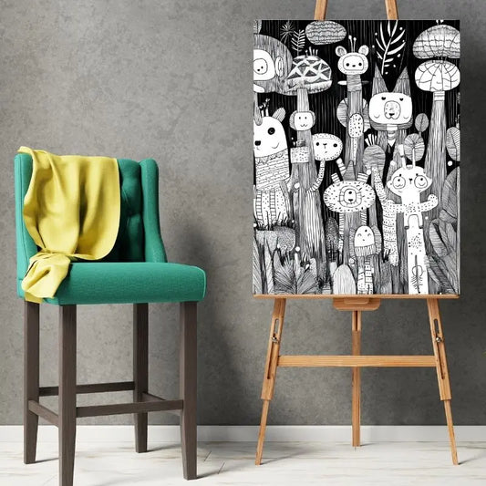 Dessin en noir et blanc dans un style art naïf, tableau représentant une scène enfantine pour décoration murale poétique et originale
