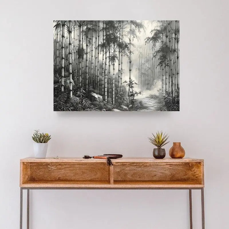 Dessin en noir et blanc d’une forêt de bambous, tableau zen et apaisant pour décoration murale moderne