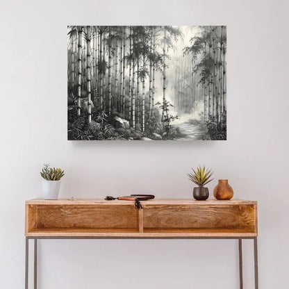 Dessin en noir et blanc d’une forêt de bambous, tableau zen et apaisant pour décoration murale moderne