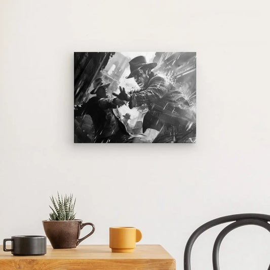 Dessin en noir et blanc d’Indiana Jones en aventurier, tableau iconique et vintage pour décoration murale