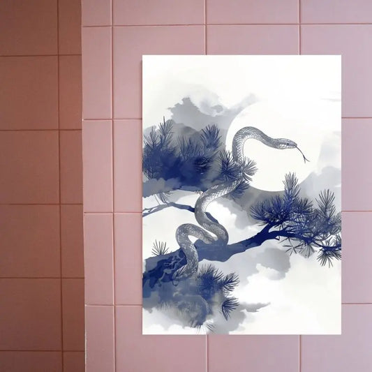 Dessin japonais monochrome bleu et blanc représentant un serpent, tableau stylisé et élégant pour décoration murale