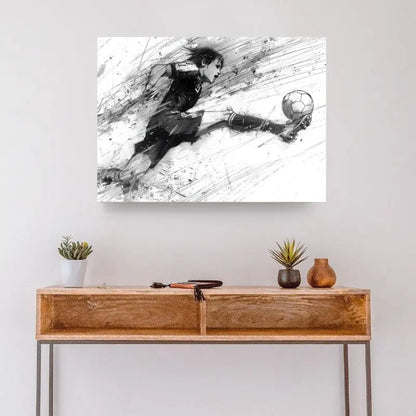 Dessin en noir et blanc de foot dans un style manga, tableau dynamique et original pour décoration murale moderne
