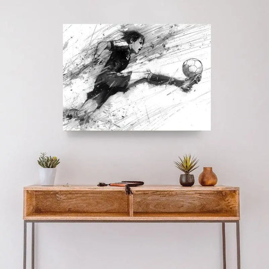 Dessin en noir et blanc de foot dans un style manga, tableau dynamique et original pour décoration murale moderne
