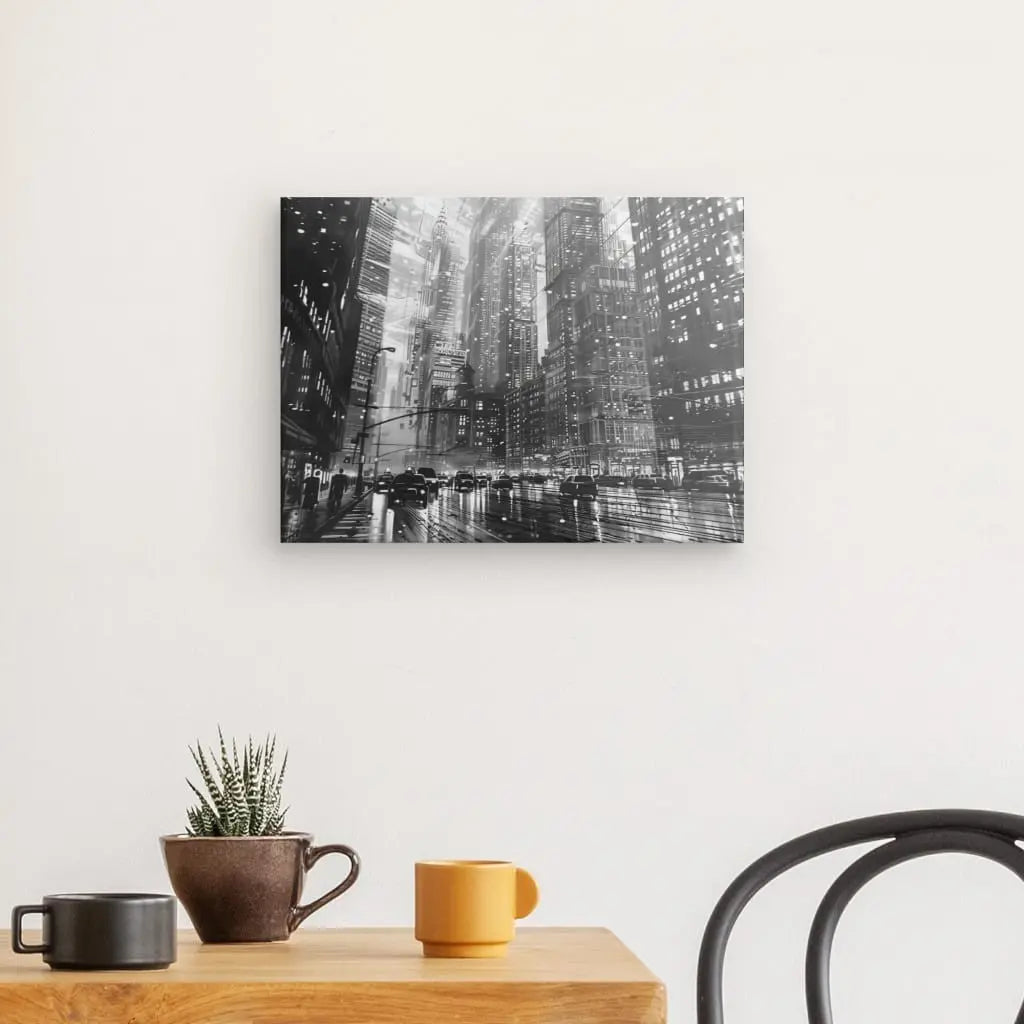 Dessin en noir et blanc d’une métropole, tableau urbain et moderne pour décoration murale contemporaine
