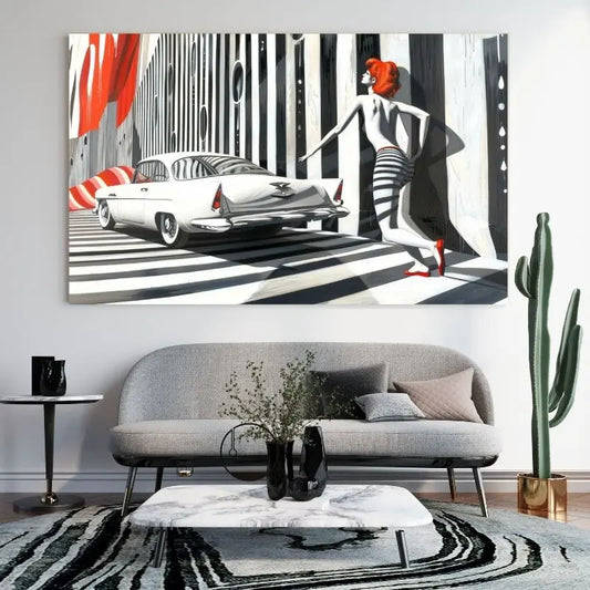 Dessin moderne en noir, blanc et rouge, tableau au style graphique et contemporain pour décoration murale dynamique
