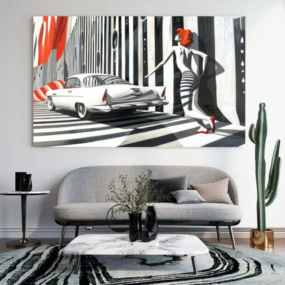 Dessin moderne en noir, blanc et rouge, tableau au style graphique et contemporain pour décoration murale dynamique
