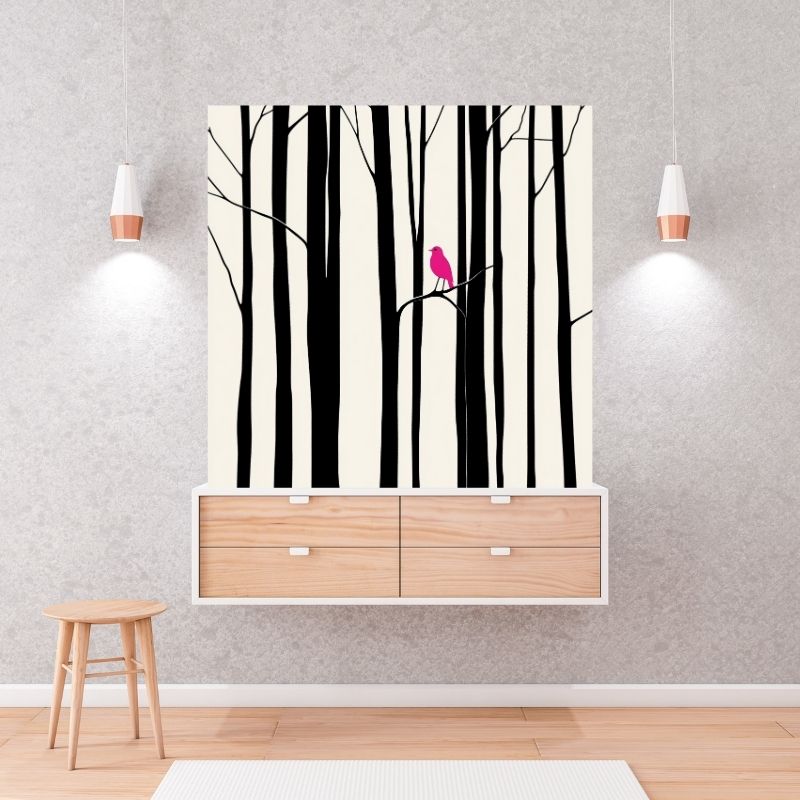 Dessin en noir et blanc d’un oiseau avec détails roses, tableau au style artistique et contrasté pour décoration murale moderne
