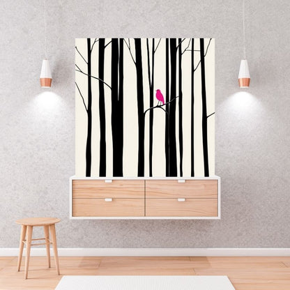 Dessin en noir et blanc d’un oiseau avec détails roses, tableau au style artistique et contrasté pour décoration murale moderne
