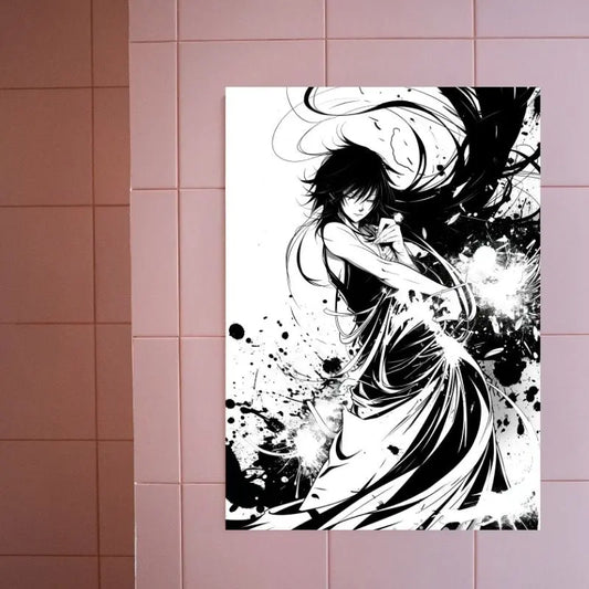 Tableau monochrome représentant un portrait de personnage manga en dessin, style expressif et stylisé