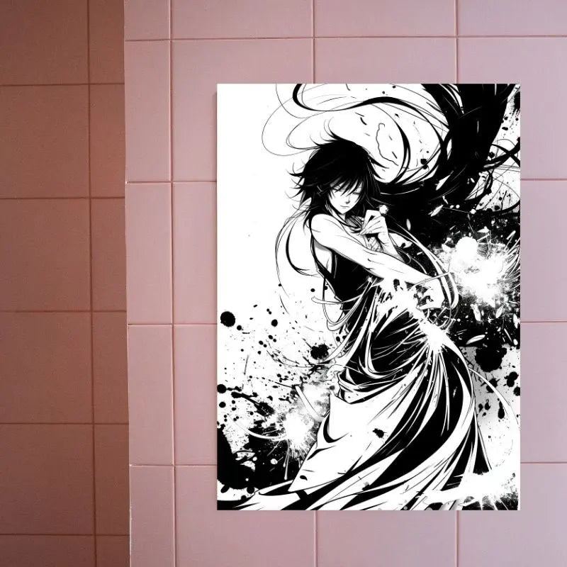 Tableau monochrome représentant un portrait de personnage manga en dessin, style expressif et stylisé