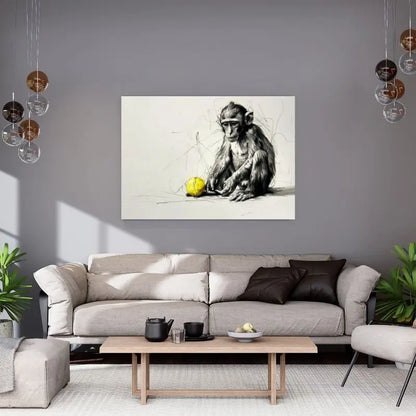 Dessin en noir et blanc d’un singe avec une balle jaune, tableau décalé et amusant pour décoration murale moderne
