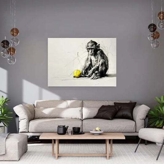 Dessin en noir et blanc d’un singe avec une balle jaune, tableau décalé et amusant pour décoration murale moderne