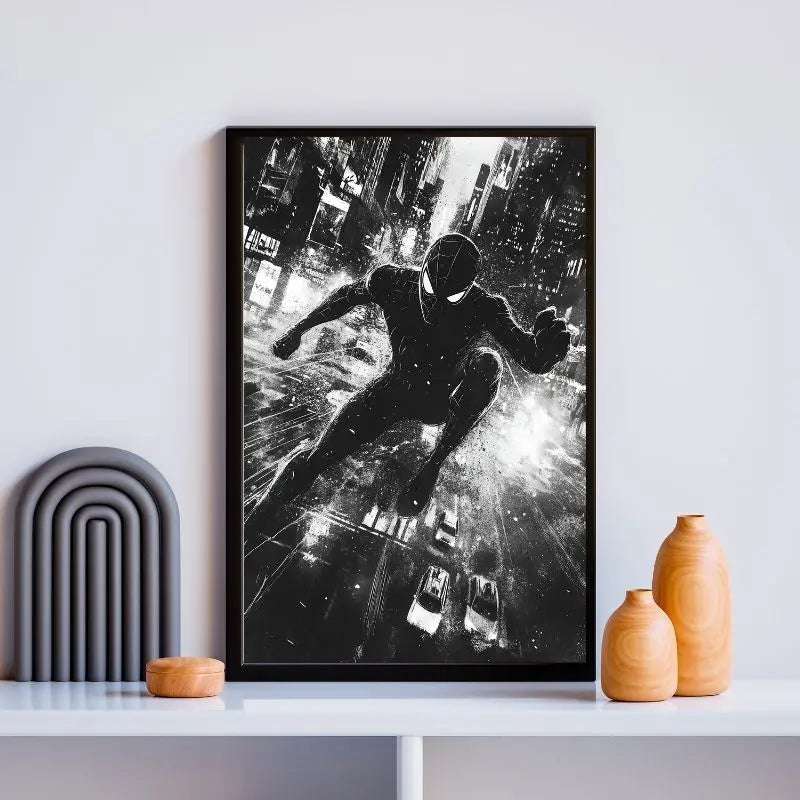 Dessin en noir et blanc de Spiderman, tableau graphique et dynamique pour décoration murale de fan de super-héros
