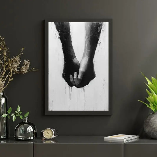 Tableau en noir et blanc représentant deux mains, œuvre symbolique au style minimaliste et émotionnel pour décoration murale moderne
