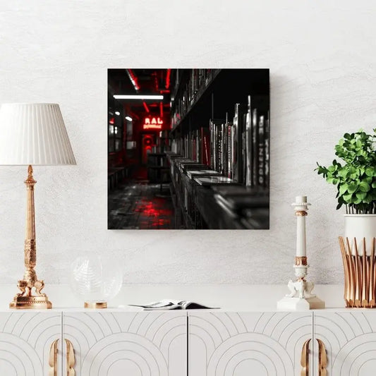 Tableau en noir, blanc et rouge représentant un disquaire, scène musicale vintage et stylée pour décoration murale