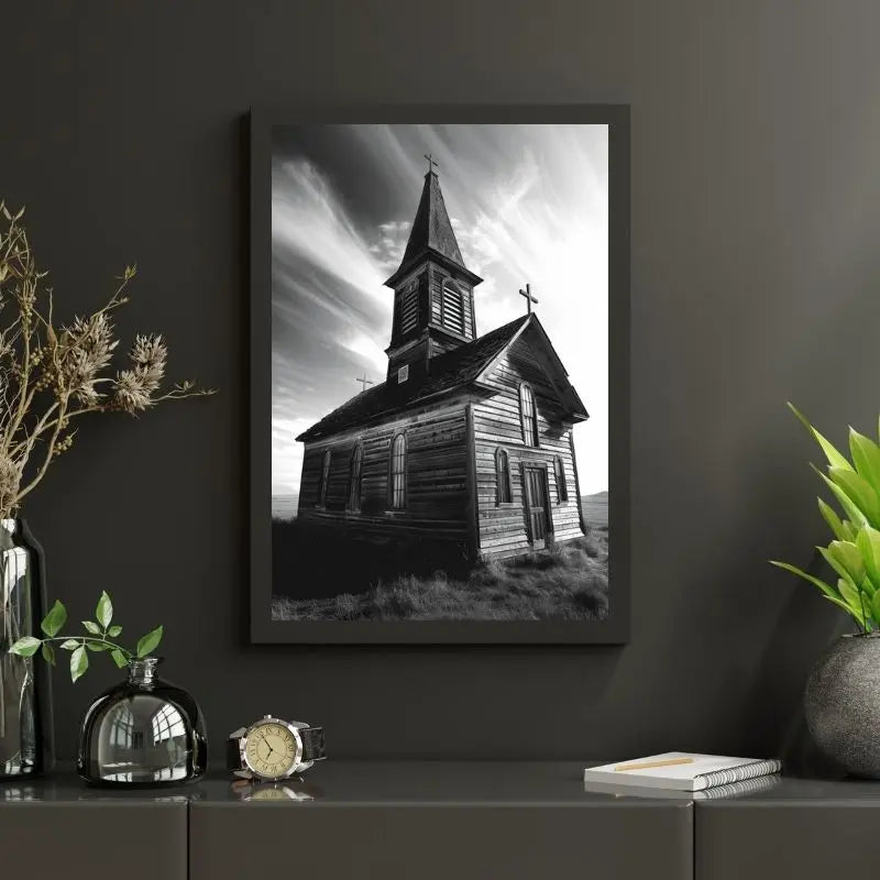 Tableau en noir et blanc d’une église en bois, scène rustique et intemporelle pour décoration murale
