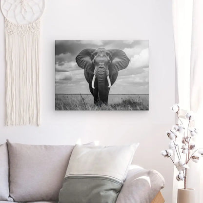 Tableau en noir et blanc d’un éléphant d’Afrique, portrait majestueux et puissant pour décoration murale