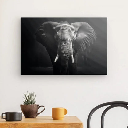 Tableau représentant un éléphant majestueux en noir et blanc dans la savane, idéal pour une décoration murale élégante et sauvage.