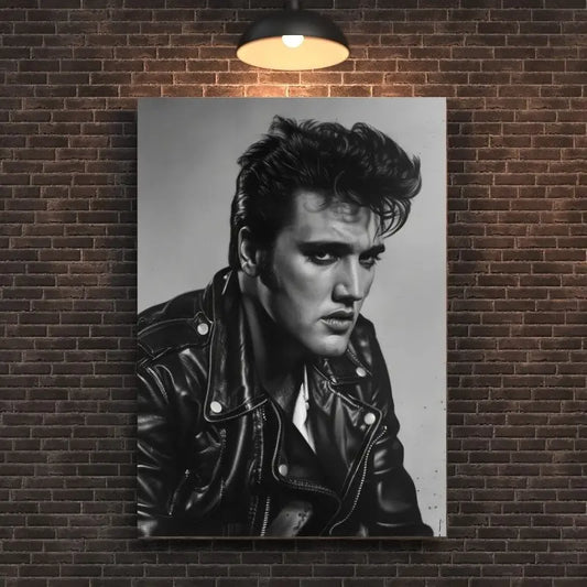 Tableau en noir et blanc représentant Elvis Presley en blouson cuir, œuvre iconique et rétro pour décoration murale
