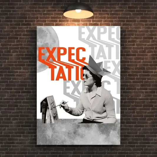 Tableau en noir et blanc avec le mot "Expectation" et une touche de couleur, style contrasté et moderne