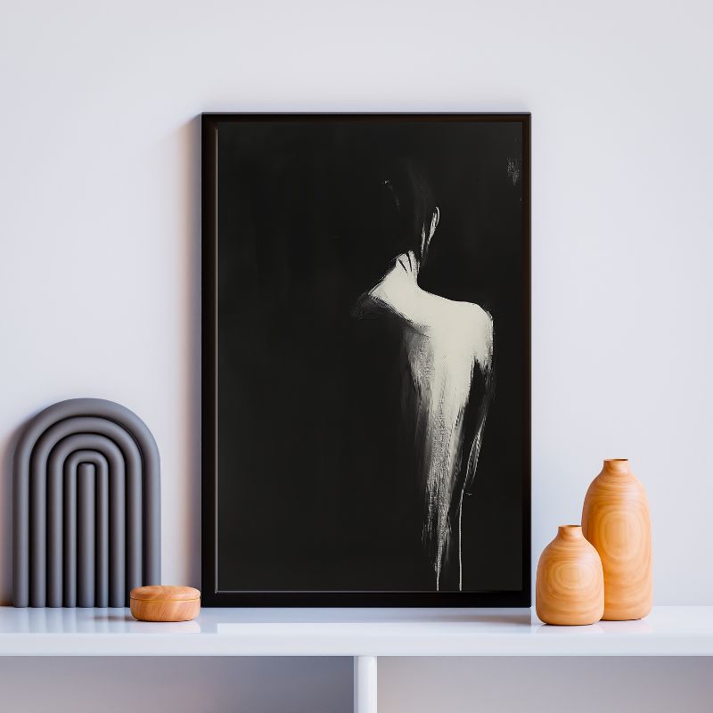 Peinture en noir et blanc d’une femme de dos, tableau artistique au style élégant et sensuel pour décoration murale
