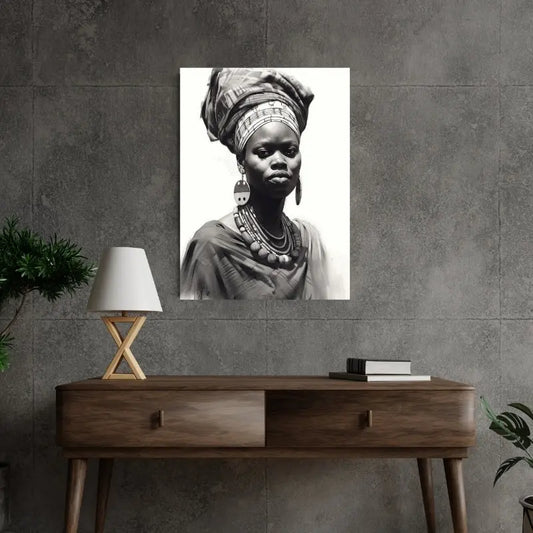 Portrait en noir et blanc d’une femme africaine, mettant en valeur la beauté ethnique, la culture et la force du regard dans un style artistique.