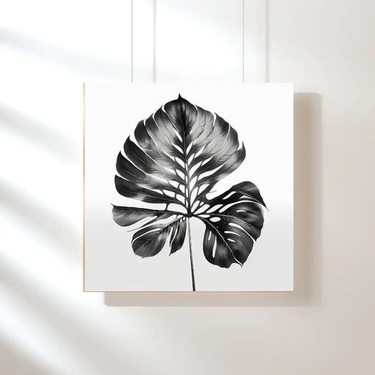 Tableau noir et blanc d’une feuille végétale naturelle, design sobre et organique