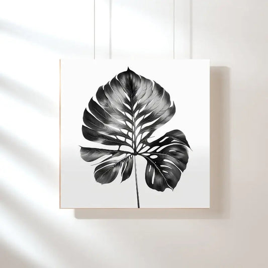 Tableau noir et blanc d’une feuille végétale naturelle, design sobre et organique