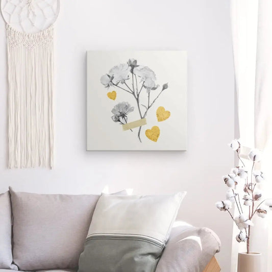 Tableau monochrome de fleurs séchées avec cœurs jaunes, œuvre délicate et originale pour décoration murale
