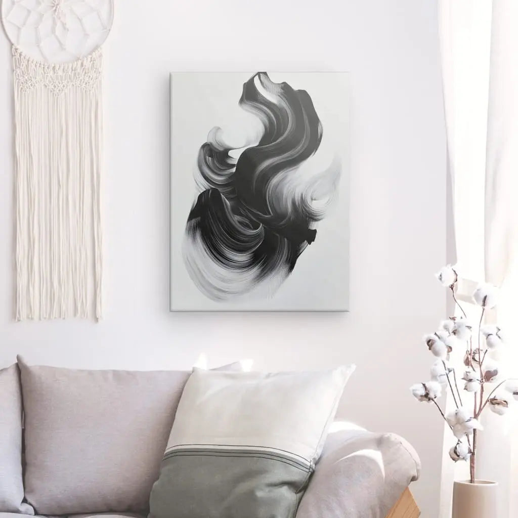 Tableau en noir et blanc représentant une forme abstraite, design moderne et minimaliste pour décoration murale contemporaine
