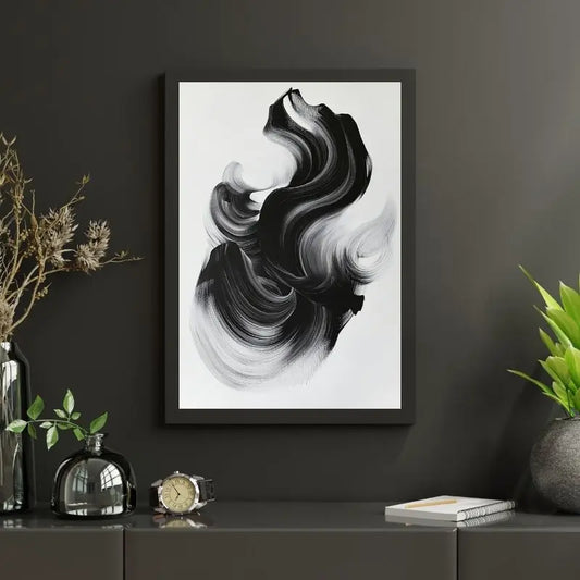 Tableau en noir et blanc représentant une forme abstraite, œuvre moderne au style minimaliste pour décoration murale contemporaine
