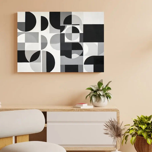 Composition de formes géométriques en noir et blanc, alliant style moderne et contemporain pour une décoration graphique et sophistiquée.