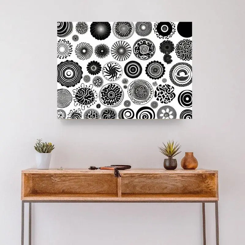 Tableau avec des formes géométriques noires sur fond blanc, design moderne et structuré