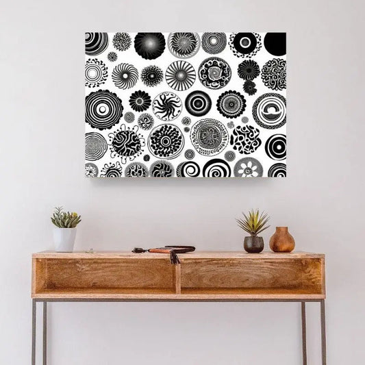 Tableau avec des formes géométriques noires sur fond blanc, design moderne et structuré