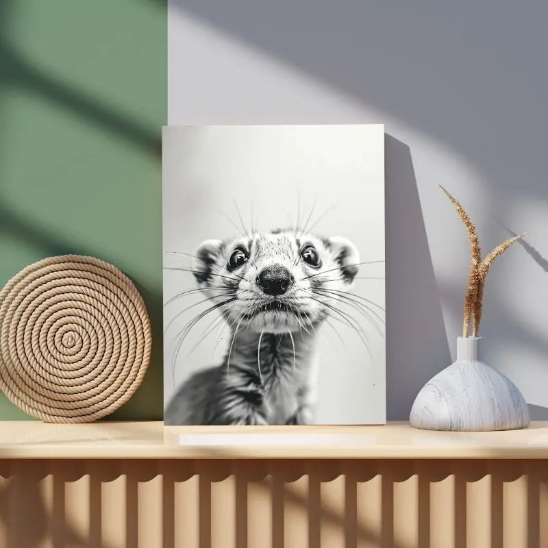 Tableau en noir et blanc d’un furet mignon, portrait animalier attendrissant pour décoration murale originale
