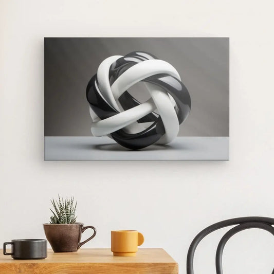 Œuvre géométrique moderne représentant des entrelacements noirs et blancs, créant un effet visuel dynamique et abstrait dans un style épuré.