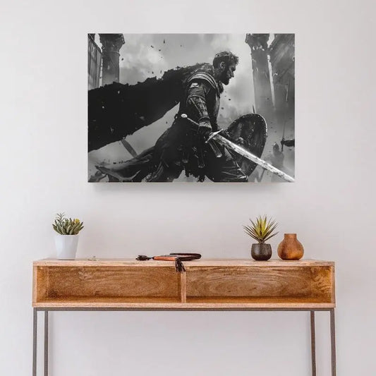 Dessin en noir et blanc d’un gladiateur, tableau puissant et historique pour décoration murale