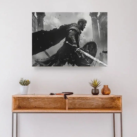 Dessin en noir et blanc d’un gladiateur, tableau puissant et historique pour décoration murale