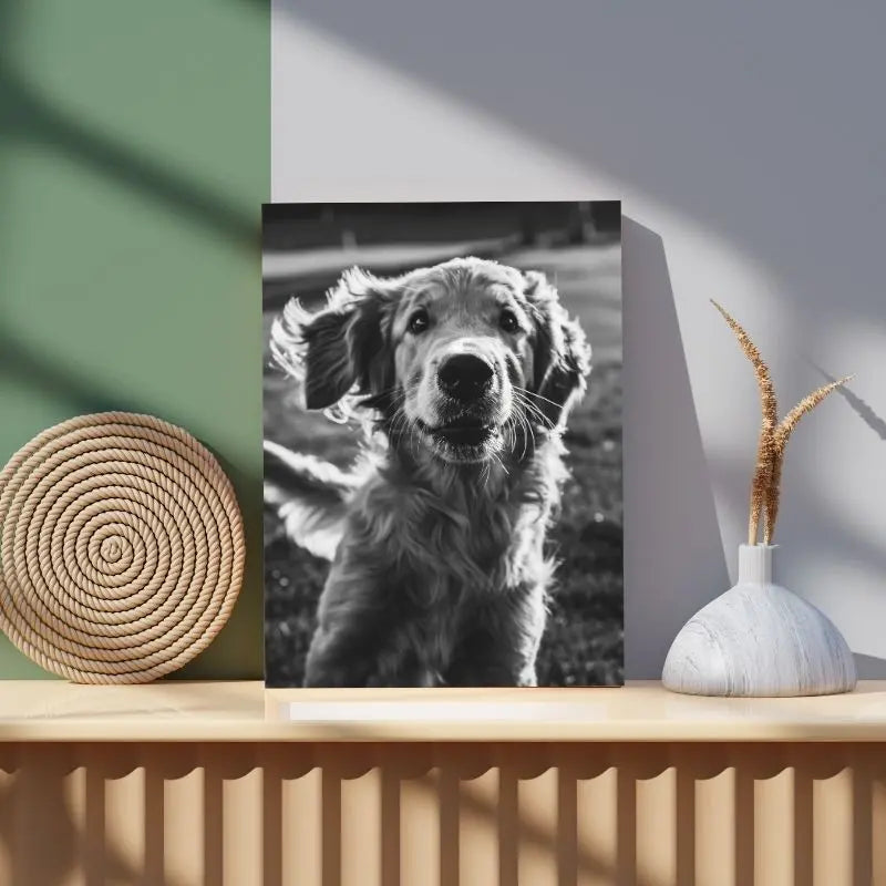Tableau en noir et blanc d’un golden retriever, portrait canin élégant et attendrissant pour décoration murale
