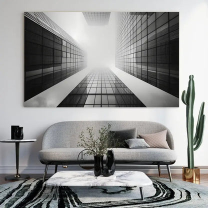 Tableau en noir et blanc de gratte-ciel dans une métropole, scène urbaine moderne et imposante pour décoration murale