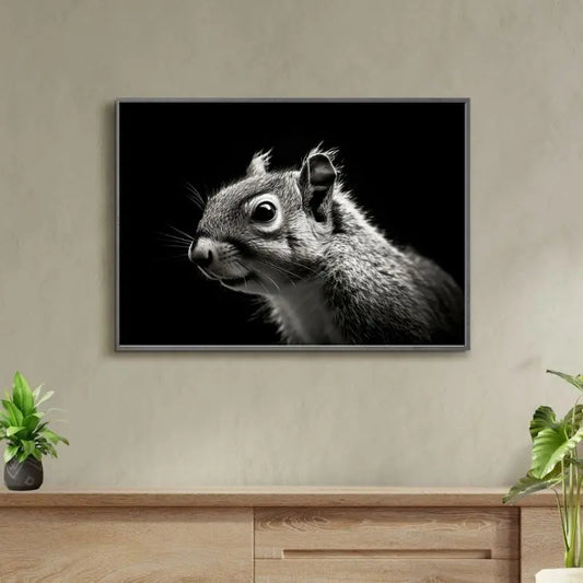 Tableau noir et blanc en gros plan d’un écureuil, animal mignon au regard curieux et attendrissant