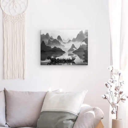 Dessin monochrome représentant des guerriers japonais avec bateaux et montagnes, tableau épique et traditionnel pour décoration murale