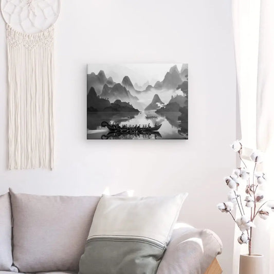 Dessin monochrome représentant des guerriers japonais avec bateaux et montagnes, tableau épique et traditionnel pour décoration murale