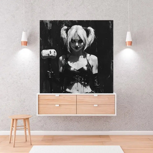 Dessin en noir et blanc de Harley Quinn, tableau stylisé au look comics pour une décoration murale moderne et dynamique
