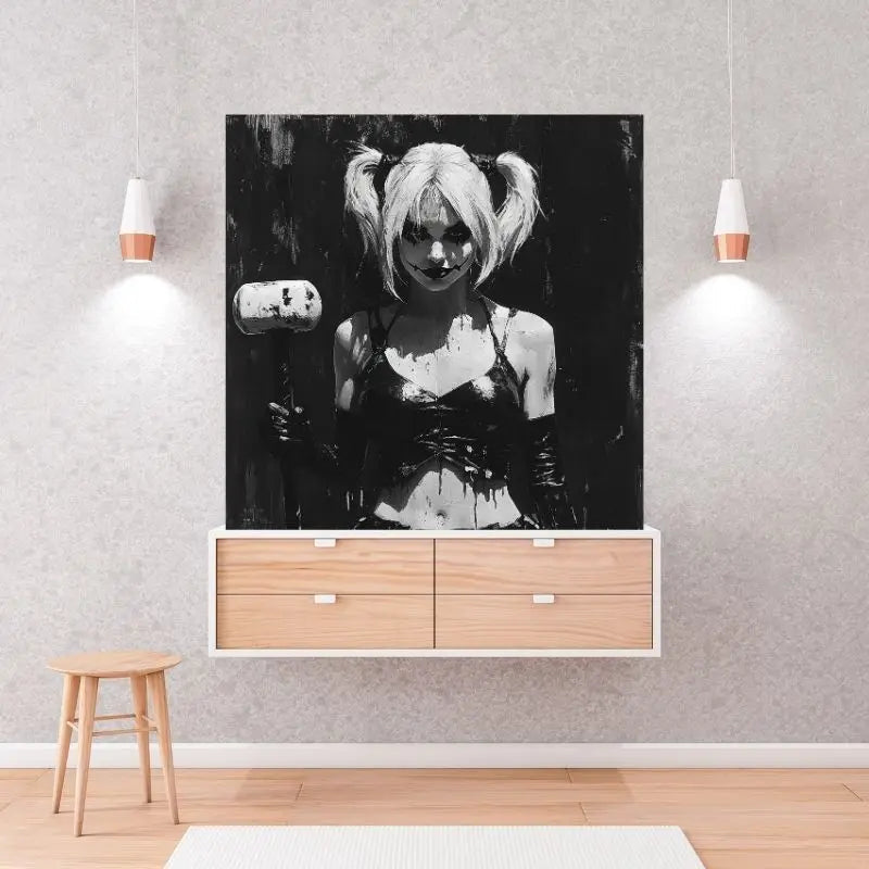 Dessin en noir et blanc de Harley Quinn, tableau stylisé au look comics pour une décoration murale moderne et dynamique
