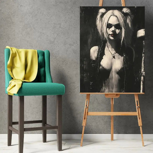 Peinture de Harley Quinn en noir et blanc avec une touche de couleur, tableau stylisé et audacieux pour décoration murale moderne
